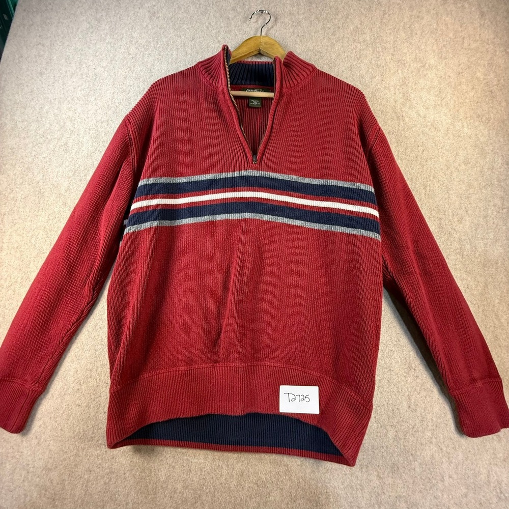 Eddie Bauer Mens Large Red Ribbed Cotton Quarter Zip Striped Pullover Sweater